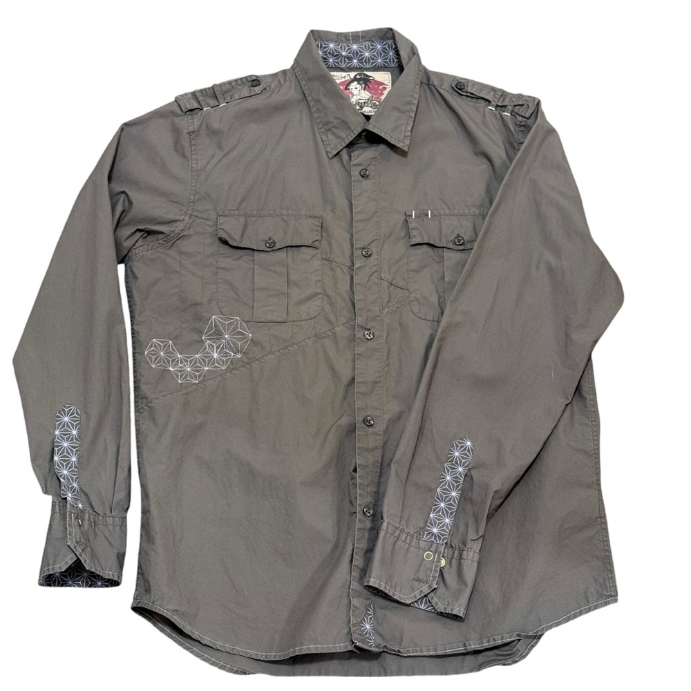 Quicksilver Limited Collection skull embroidered button up shirt gray LARGE Y2K